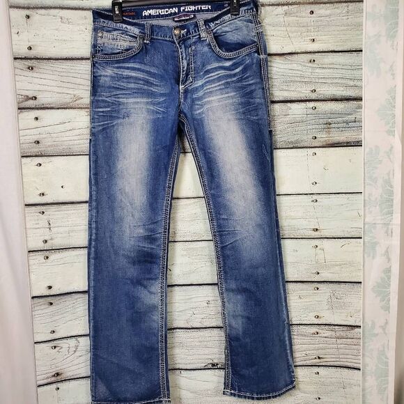 BKE Other - American Fighter Buckle Men’s Jeans Size 34L Blue Distressed Denim